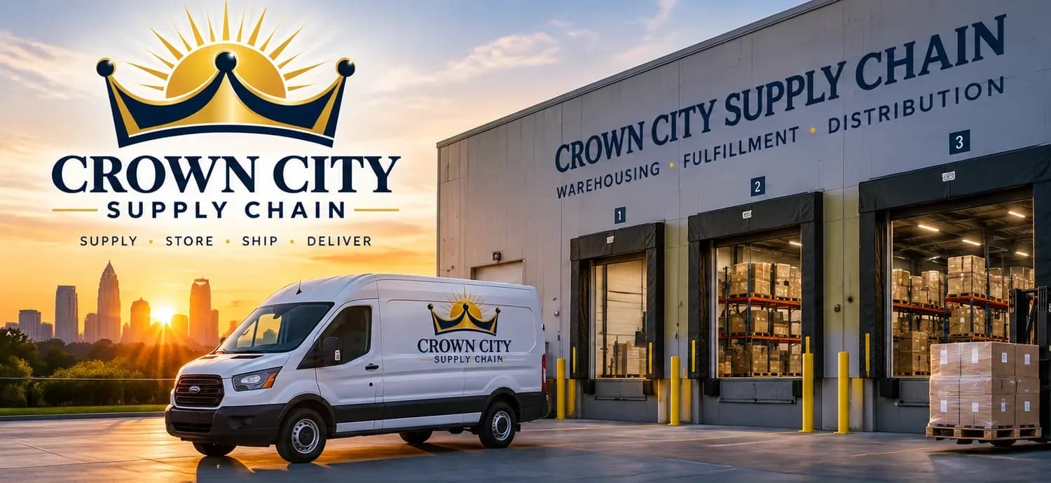 Crown City Supply Chain van at the loading docks with the Charlotte skyline at sunset